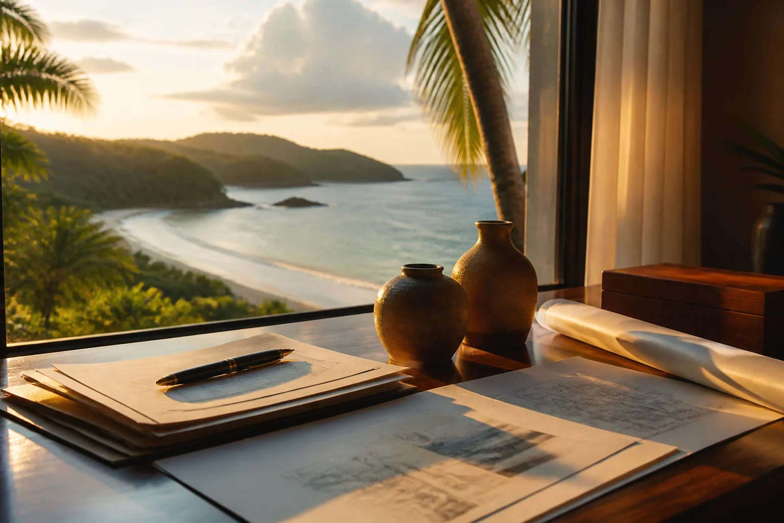 Documentos de propiedad y paisaje costero de Costa Rica