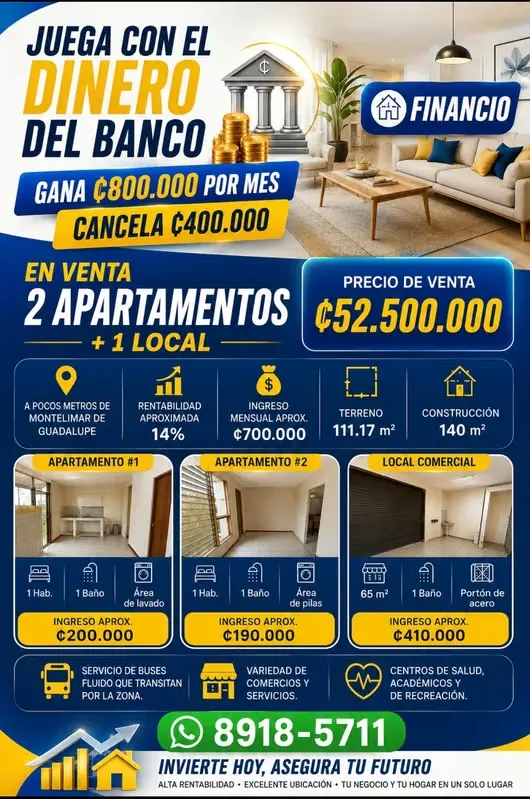 Se ubica a pocos metros de Montelimar de Guadalupe. Es idóneo para quien busca invertir y obtener una rentabilidad alta, de un 14% ...