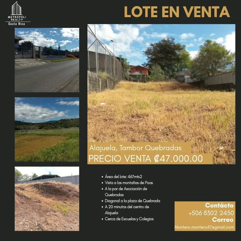 Lot for Sale in Alajuela, Tambor Quebradas.