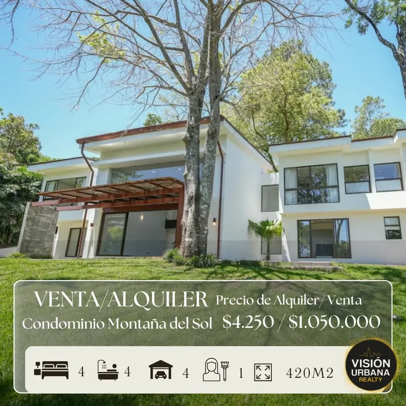 4-bedroom house in the Montaña del Sol Condominium in Piedades de Santa Ana. The property has 1577 m² of land and a 420 m² of construction on two levels, distributed as ...