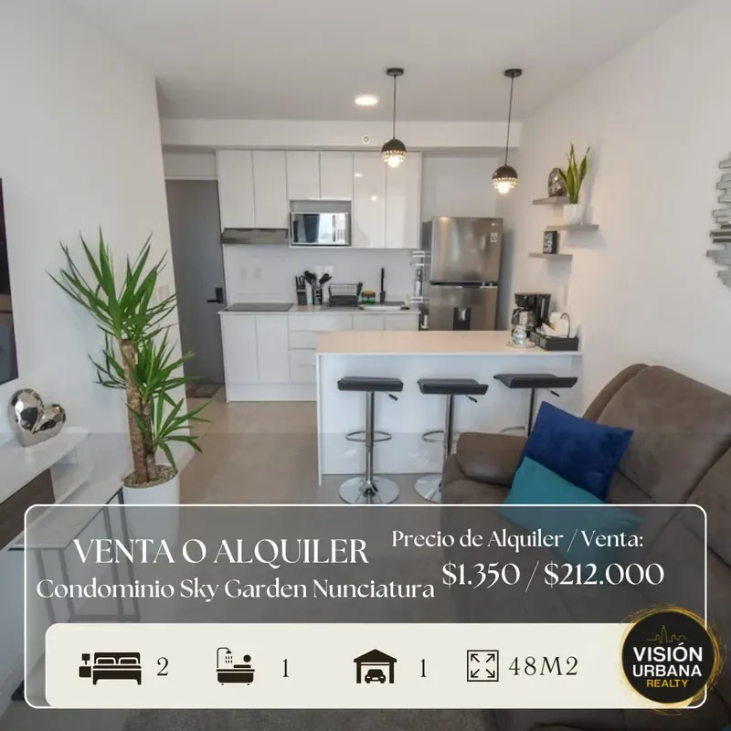 Furnished apartment in the exclusive Sky Garden Nunciatura tower. This single-level apartment is located on the 5th floor and features the following layout: