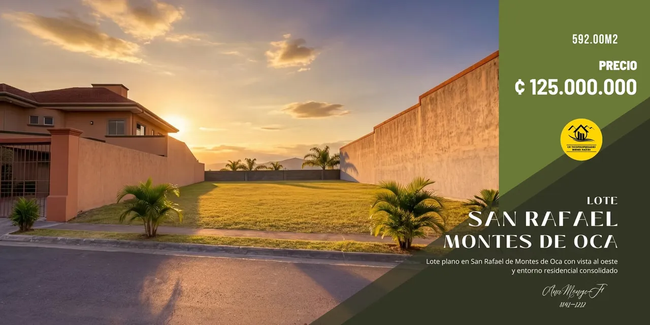 It is sold a lot of 592 m ² in Urbanización Las Higuerillas, San Rafael de Montes de Oca, near the Christ of Sabanilla.