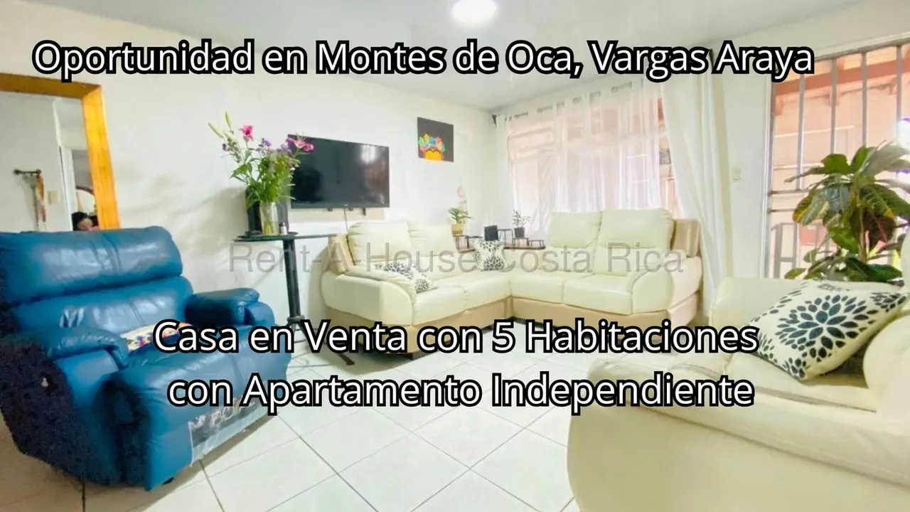 Casa en Venta con 5 Hab. con Apartamento Independiente Oportunidad  Montes de Oca, Vargas Araya