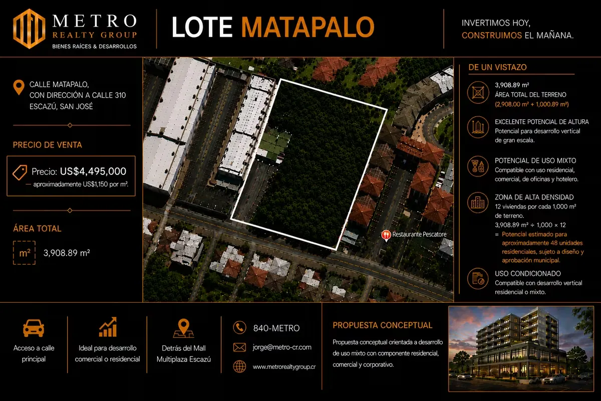 Venta Terreno Comercial / Calle Matapalo / Escazú