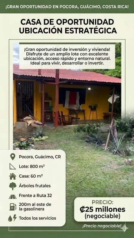 Lote con casa en venta – Excelente ubicación en Pocora, Guácimo