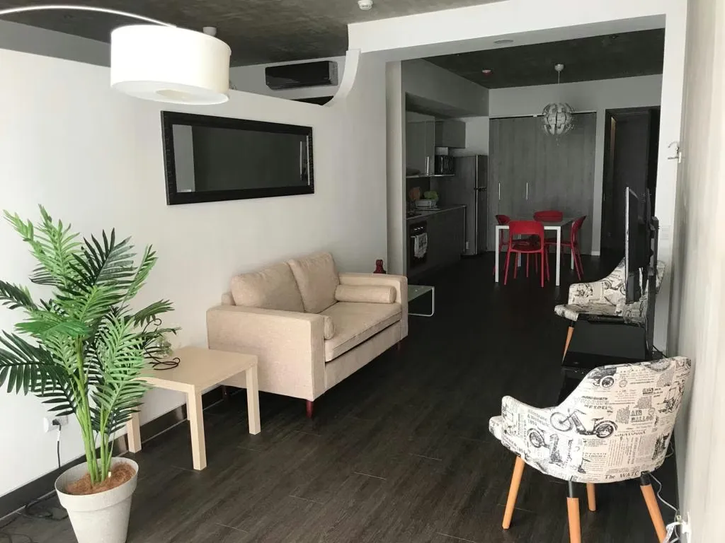 Living room, dining room, kitchen, washing area, 1 bedroom, 1 bathroom, 1 parking lot.