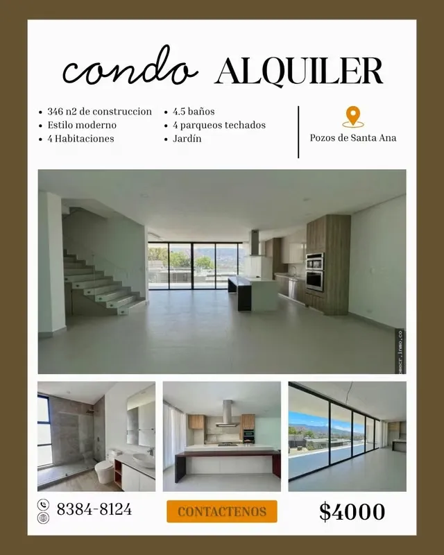 Moderna casa de 3 niveles ubicada en un exclusivo condominio en Pozos de Santa Ana. La propiedad destaca por sus amplios ...