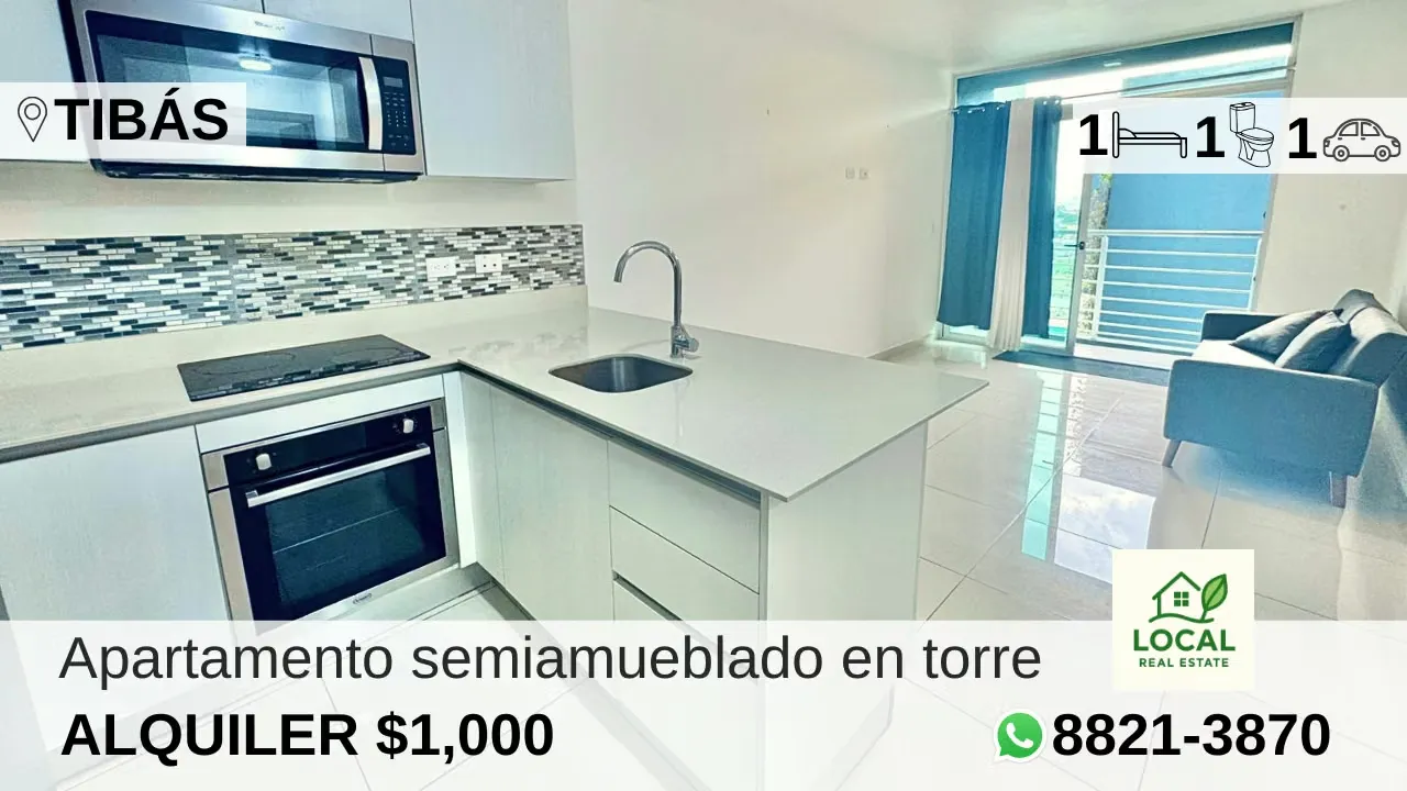 Apartamento semiamueblado en torre con amenidades en Tibás