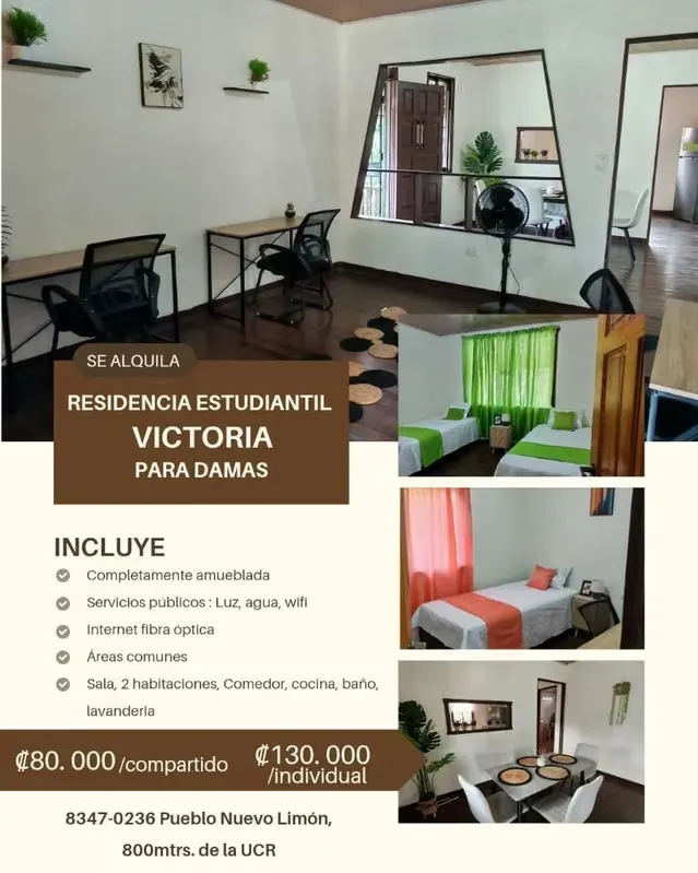 Alquilamos habitaciones en Residencia Victoria para damas a 800mtrs de la UCR en Limón