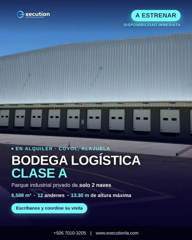 Bodega Clase A de 6,588 m² dentro de un complejo logístico de primer nivel en Coyol de Alajuela, una de las plazas industriales más consolidadas del país.