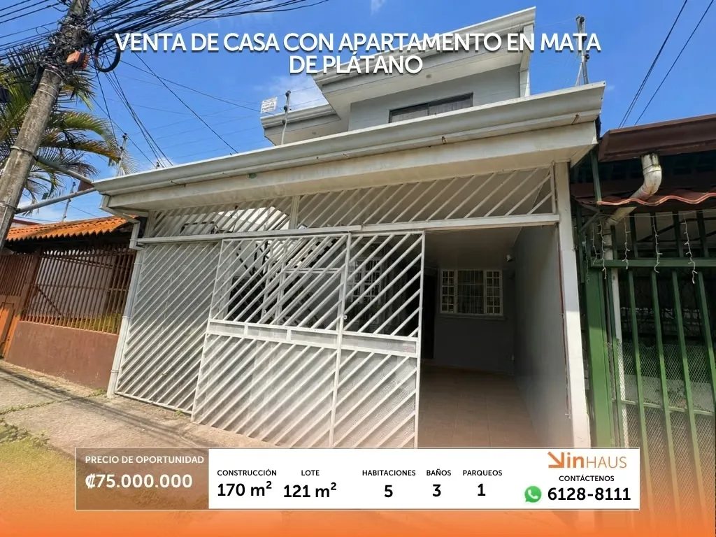 Venta de casa con apartamento en urbanización ubicada en Mata de Plátano de Goicoechea. En primera planta se ubica la casa original, la cual posee un gareje para un carro y espacio ...