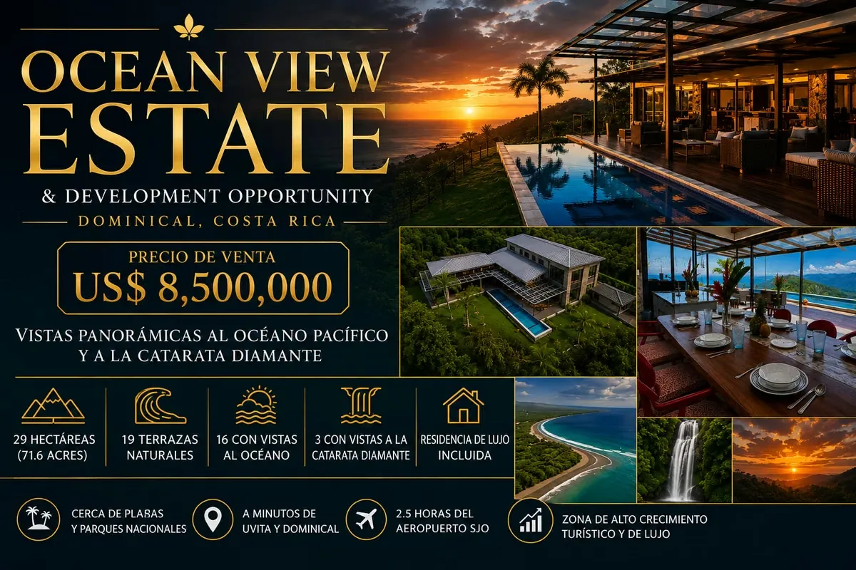 Ocean View Estate and Development Opportunity is an extraordinary 29-hectare 71.6-acre property located in Dominical Puntarenas near Uvita one of the fastest ...