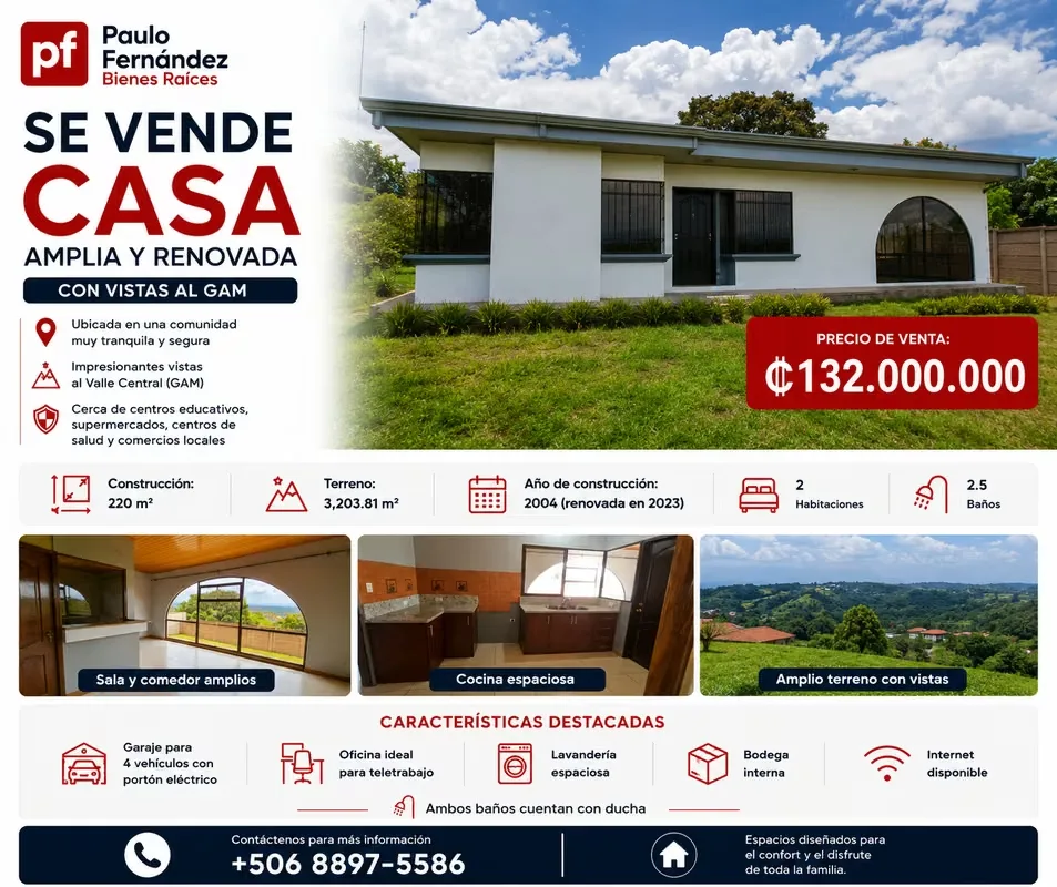 Casa con Vista Panorámica al Valle Central | Terreno de 3,203 m² | Precio Rebajado