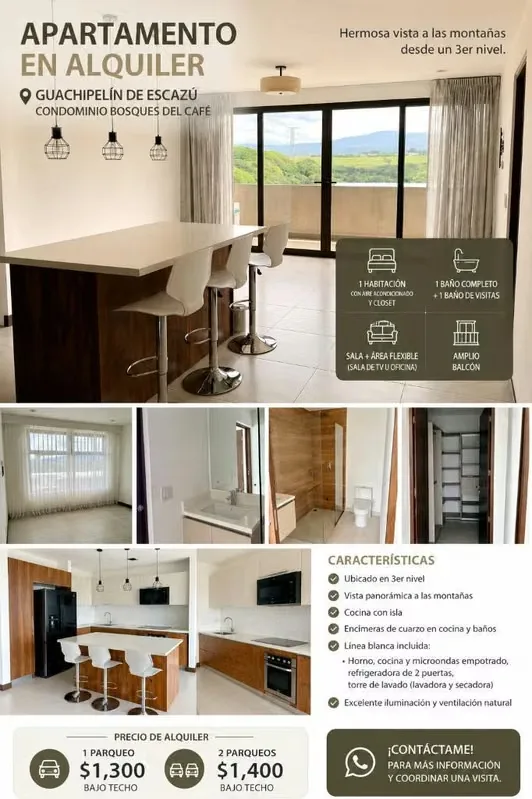 Discover this modern apartment located in the exclusive Bosques del Café Condominium, in Guachipelín de Escazú. Situated on a third ...