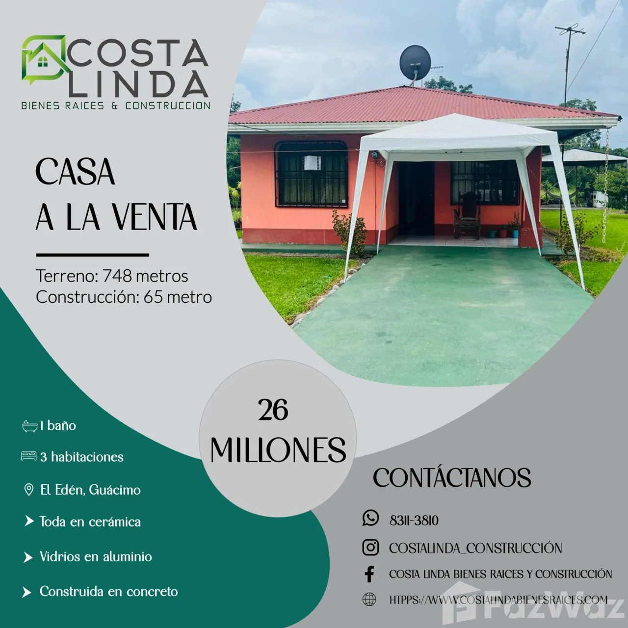 3 Bedroom House for Sale in Guacimo, Limon for $57,200