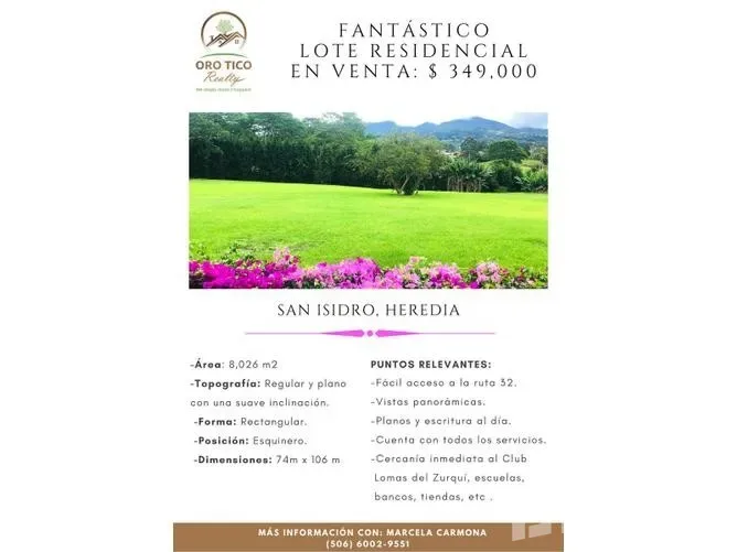 Land for Sale in San Isidro, Heredia for $349,000