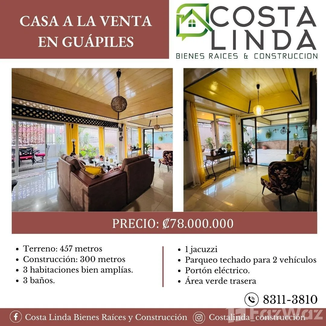 3 Bedroom House for Sale in Pococi, Limon for $172,000