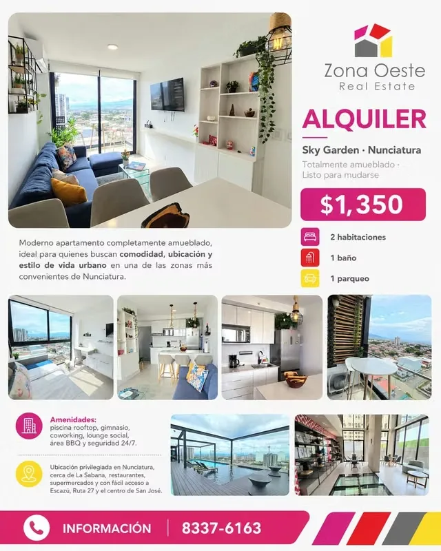 Viví en una de las zonas más cotizadas y convenientes de San José, en un apartamento completamente amueblado y listo para mudarte, dentro de Sky Garden Nunciatura.