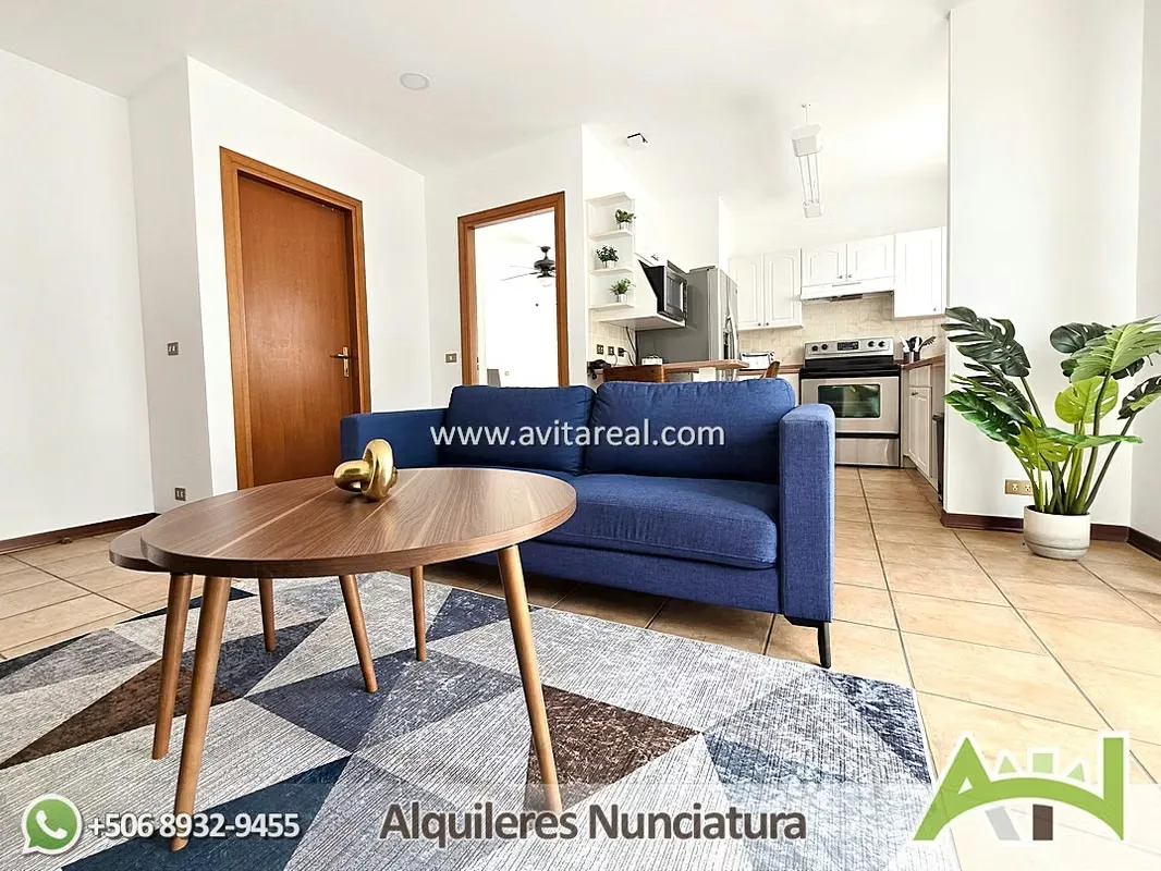 Furnished 1-bedroom apartment in San Rafael de Escazú, private condominium with amenities.