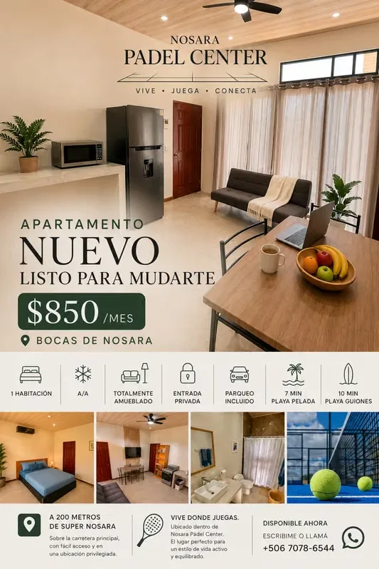 dame esta descirpción en español.. Enjoy the perfect balance between convenience and the laid-back Nosara lifestyle. This newly built, fully furnished apartment is located within ...