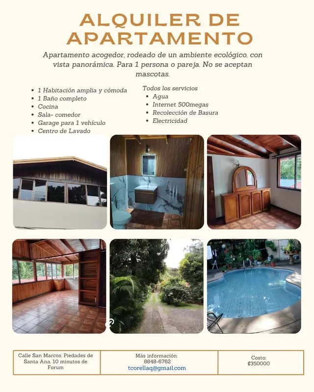se alquila apartamento dentro de una quinta en Piedades de Santa Ana, a 10 minutos de Forum. ideal para trabajar desde casa, con internet de 500 megas. Se incluyen todos los servicios ...