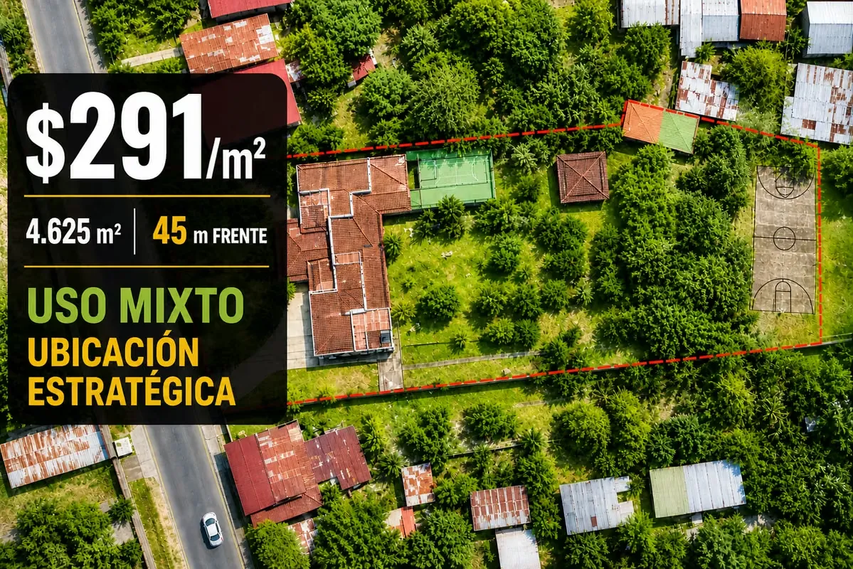 Commercial land measuring 4,625.79 m², with approximately 45 meters of frontage on a public road, completely flat topography, a rectangular shape, and a strategic location in San ...