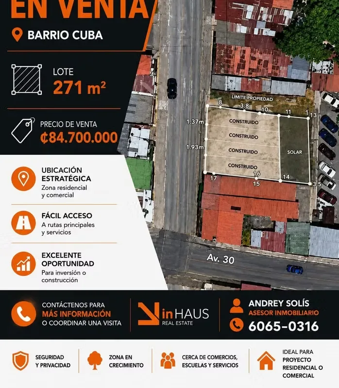 Lote en venta en Barrio Cuba, San José, con una ubicación estratégica en una de las zonas con mayor conveniencia y movimiento comercial de la capital. Cuenta con 271 m² de terreno ...