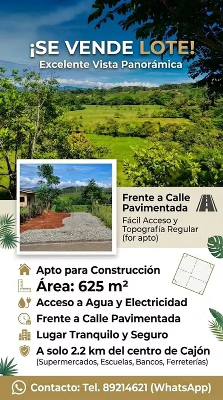 Ubicación estratégica en un lugar seguro y privado, frente a carretera pavimentada, acceso a electricidad y agua potable. A 2.2 kilometros de Cajón, (entidades financieras, ...
