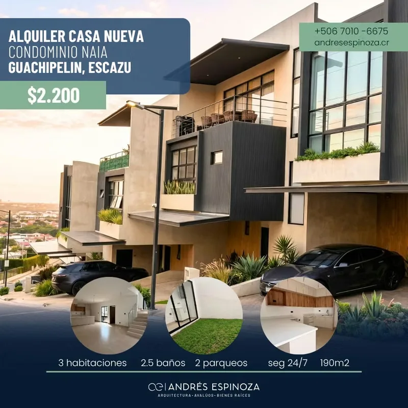 Hermosa casa para estrenar, en exclusivo condominio Naia en Guachipelin de Escazu. Cerca de la ruta 27, centros comerciales, ...
