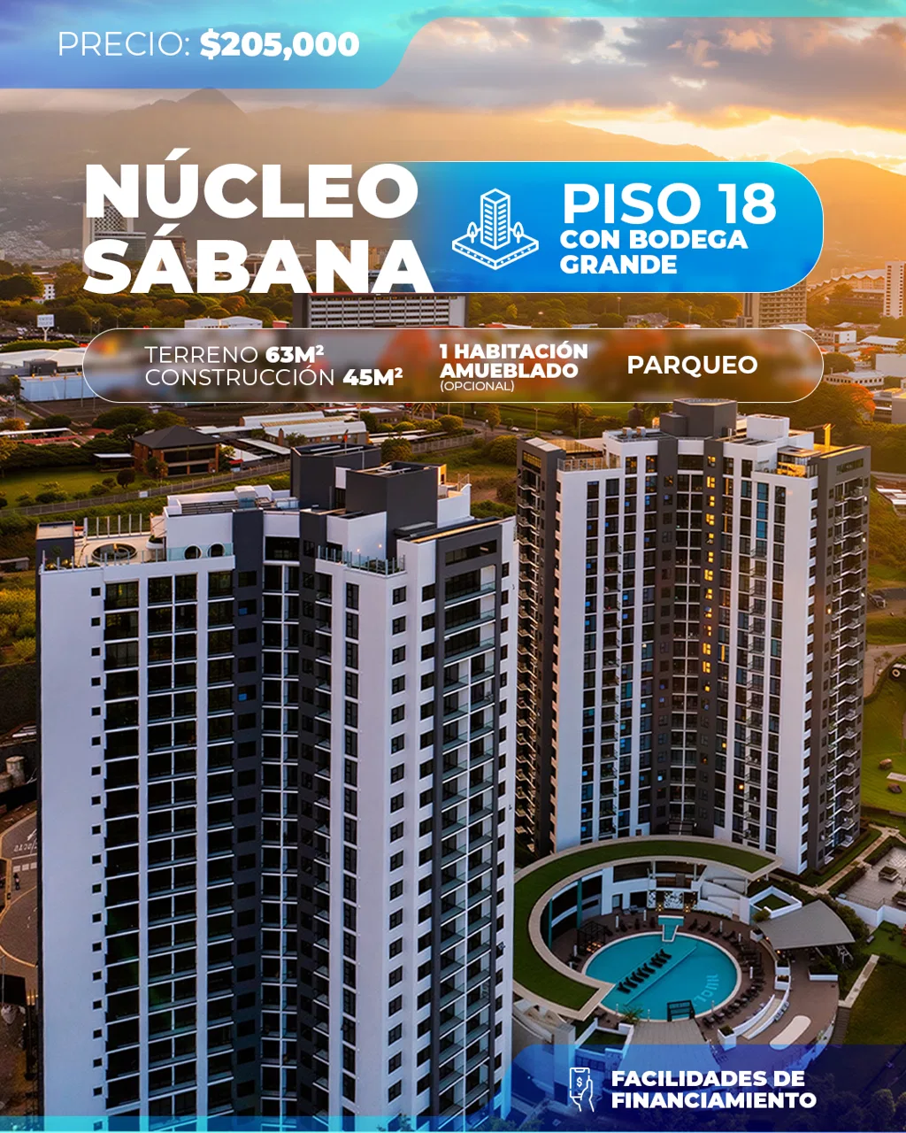 Nucleo Sabana Apt 18th floor with parking and storage unit