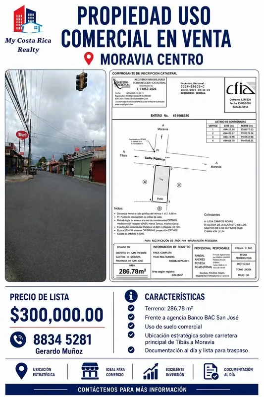 SE VENTE PROPIEDAD EN MORAVIA CENTRO PARA DESARROLLO COMERCIAL Y/O RESIDENCIAL