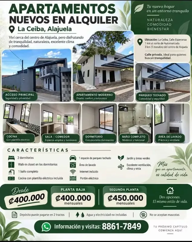 APARTAMENTOS NUEVOS EN ALQUILER – LA CEIBA, ALAJUELA