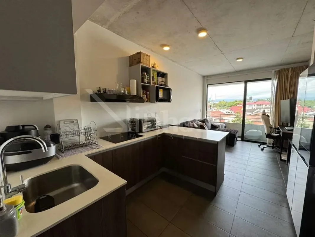El apartamento tiene un vestíbulo, closet de área de pilas, espacio social abierto de cocina con desayunador y sala con ..., photo 7