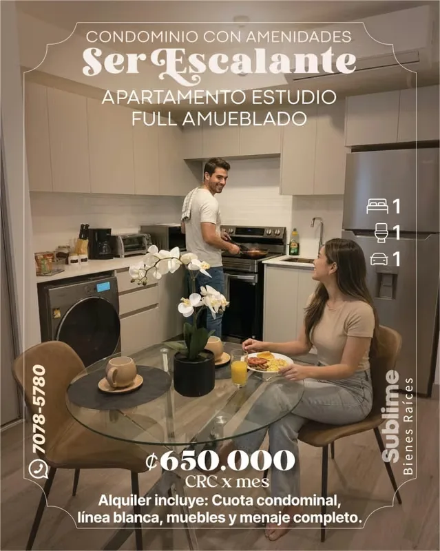 For Rent: SER Escalante — 9th-floor furnished studio apartment with a direct view of Parque Francia.