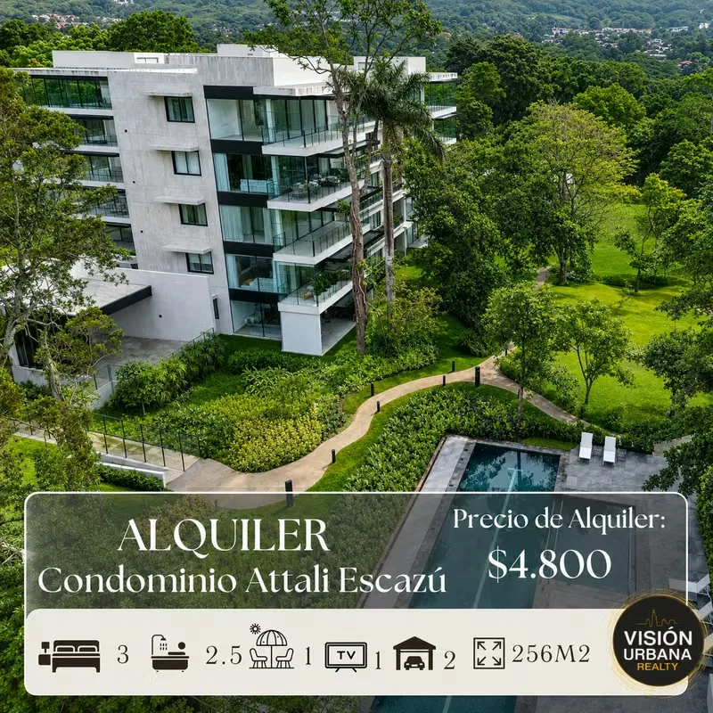 Exclusive 3-bedroom apartment with appliances located in the new ATTALI Escazú Condominium. This 256m2 (2,600 sq ft) single-level apartment is distributed as follows: